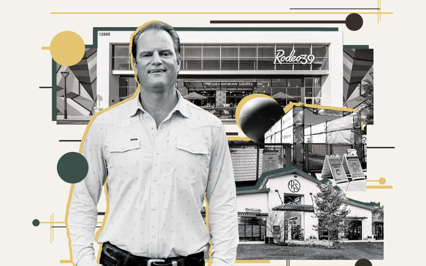 Almquist's Dan Almquist with Rodeo 39 at 12885 Beach Boulevard in Stanton, Great Park at 8000 Great Park Boulevard in Irvine and River Street Marketplace at 31856 Paseo Adelantoin San Juan Capistrano (Photo-illustration by Priya Modi/The Real Deal; Almquist, Kari Hamanka)