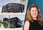 Skanska USA's Clare De Briere and renderings of the project at 8633 Wilshire Boulevard in Beverly Hills (LinkedIn, Skidmore, Owings & Merrill)
