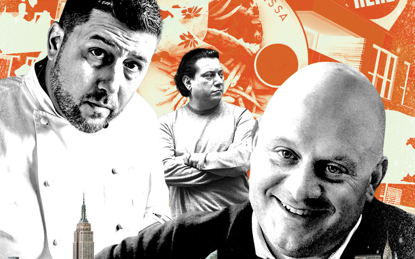 From left: Arthur & Sons’ Joe Isadori, chef-owner Julian Medina and Calissa owner James Mallios (Photo-illustration by Steven Dilakian/The Real Deal; Getty Images, Calissa, Arthur & Sons)