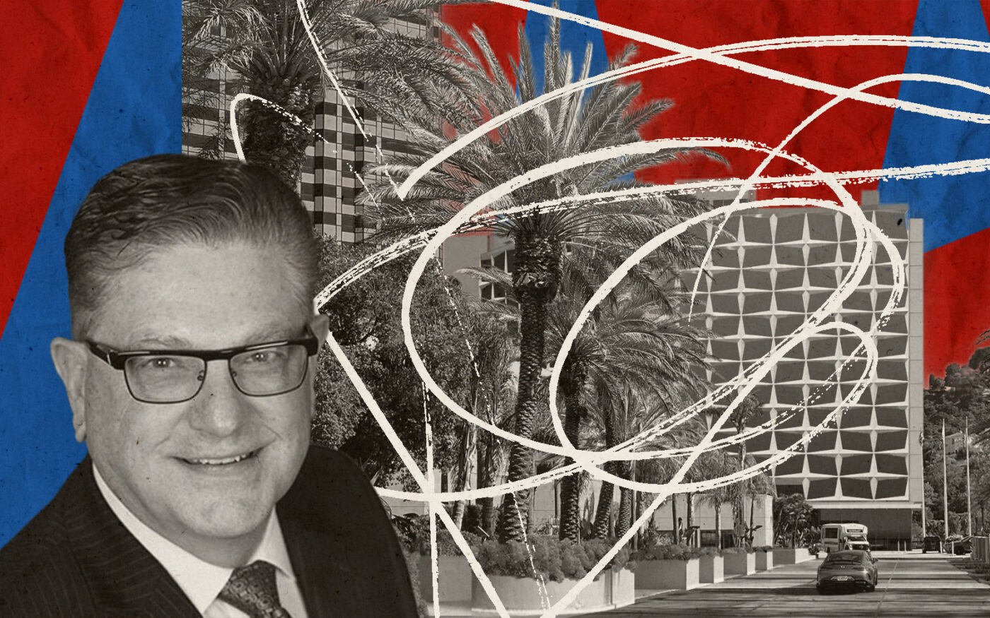 Sun Hill Properties' Mark Davis and rendering of 555 East Universal Hollywood (Sun Hill Properties, Ankrom Moisan, Getty)