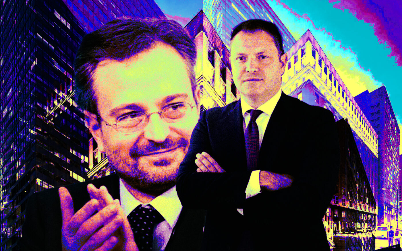 <p>Campari Group’s Luca Garavoglia and Lagflin SCA’s Massimiliano Seliziato with renderings of 79 West Monroe (Getty, Campari Group, Lagflin SCA, LinkedIn)</p>