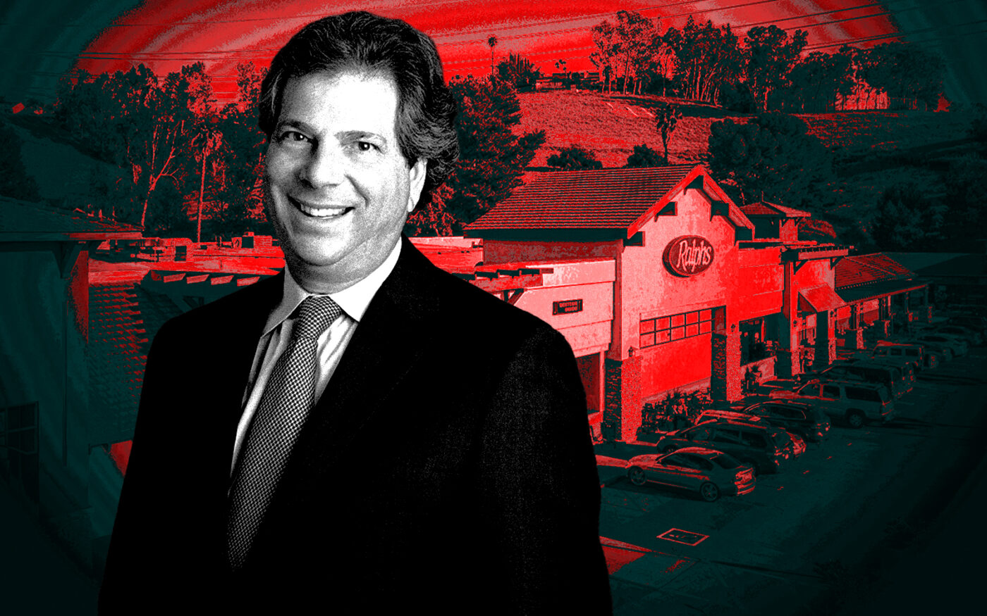 A photo illustration of NewMark Merrill's Sandy Sigal along with the Alicia Town Center in Laguna Hills (Getty, NewMark Merrill)