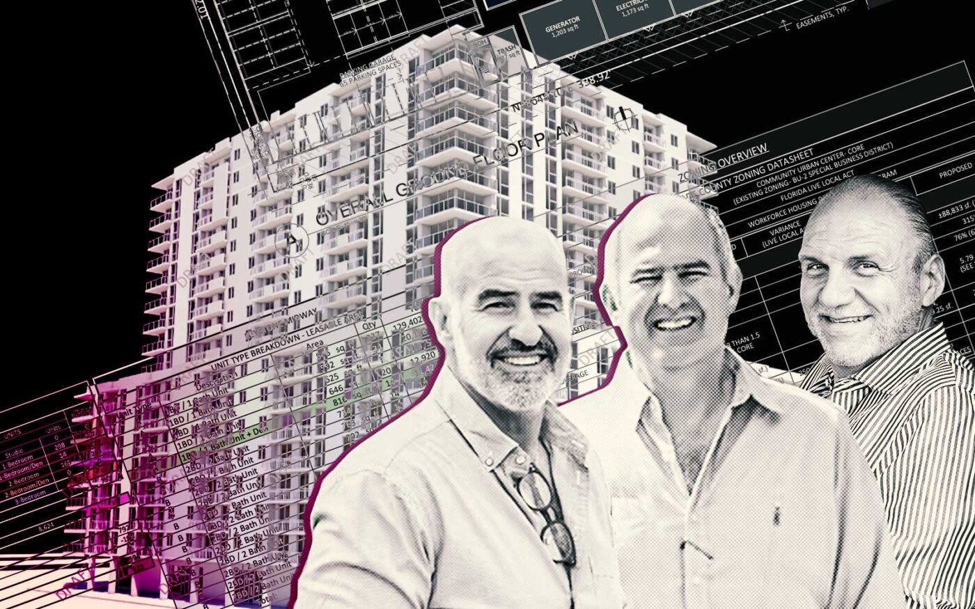 Keystone Holdings Group’s Miguel Mouriz, Reinaldo Mouriz and Enrique Puig with a rendering of Keystone Midway (FormGroup, Keystone Holdings)