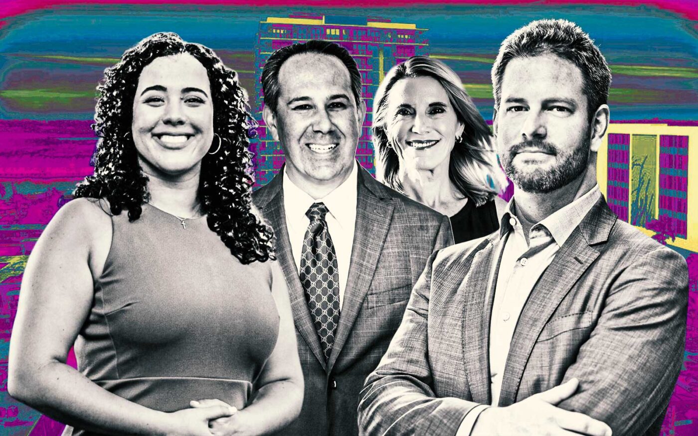 <p>Alexis Calatayud, Keith Poliakoff, Vicki Lopez and Matthew Whitman Lazenby with a rendering of Condra’s Hollywood project (Getty, Condra Property Group)</p>