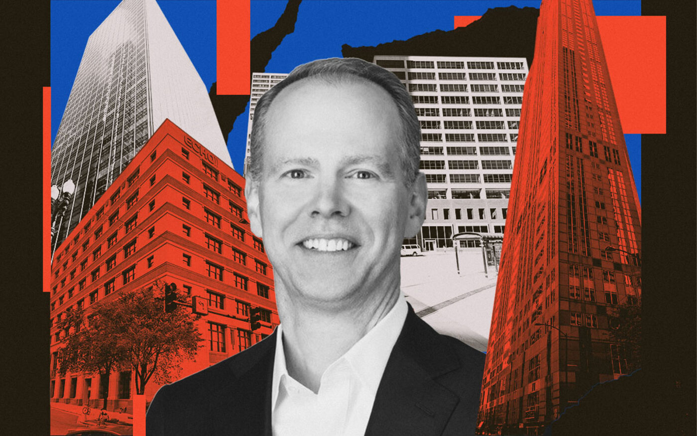 Nuveen’s William Huffman 321 North Clark Street, 600 West Chicago Avenue, 350 North Orleans Street and 311 South Wacker Drive (Photo-illustration by Ilya Hourie/The Real Deal; Nuveen, Google Maps, Getty Images)