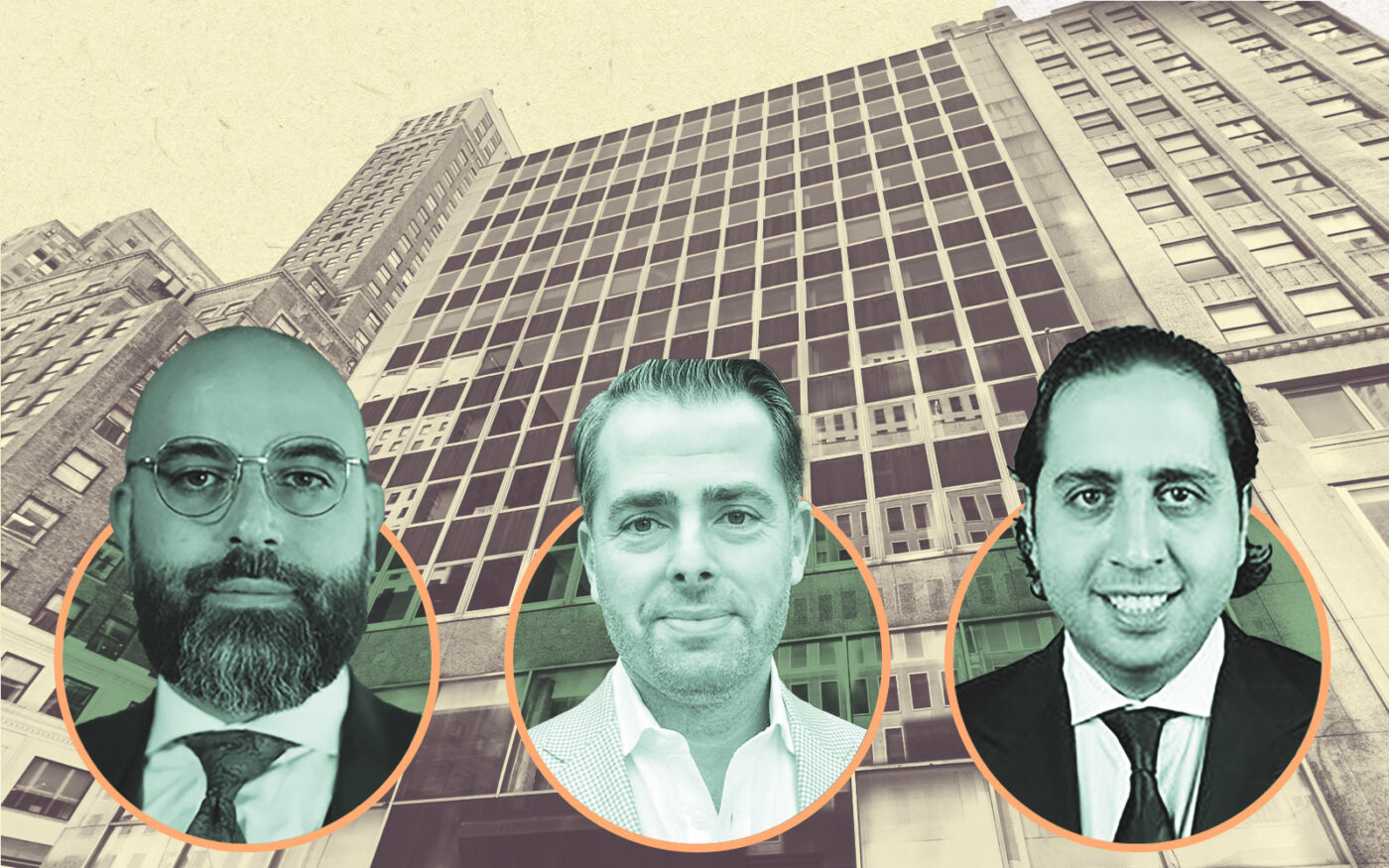 Empire Capital’s Josh Rahmani (left) and Ebi Khalili (right); Namdar Realty Group's Igal Namdar (Middle); 529 Fifth Avenue (Empire Capital, Getty, Google Maps, Namdar Realty Group)