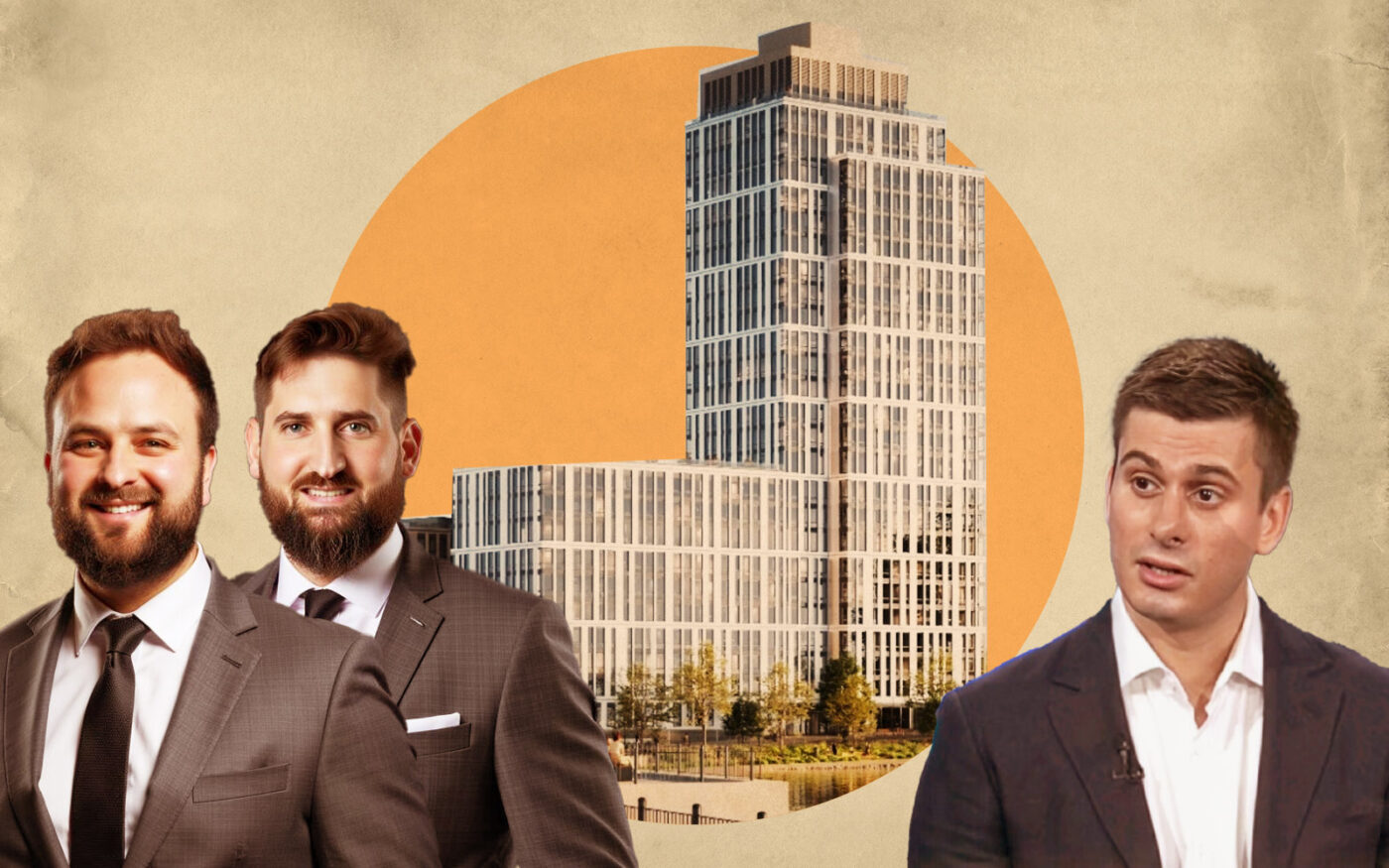 KS Group's Yehuda Kotkes and Daniel Spiegel, Alma Realty’s George Valiotis; rendering of Astoria Cove project (Getty, KS Group, Linkedin)