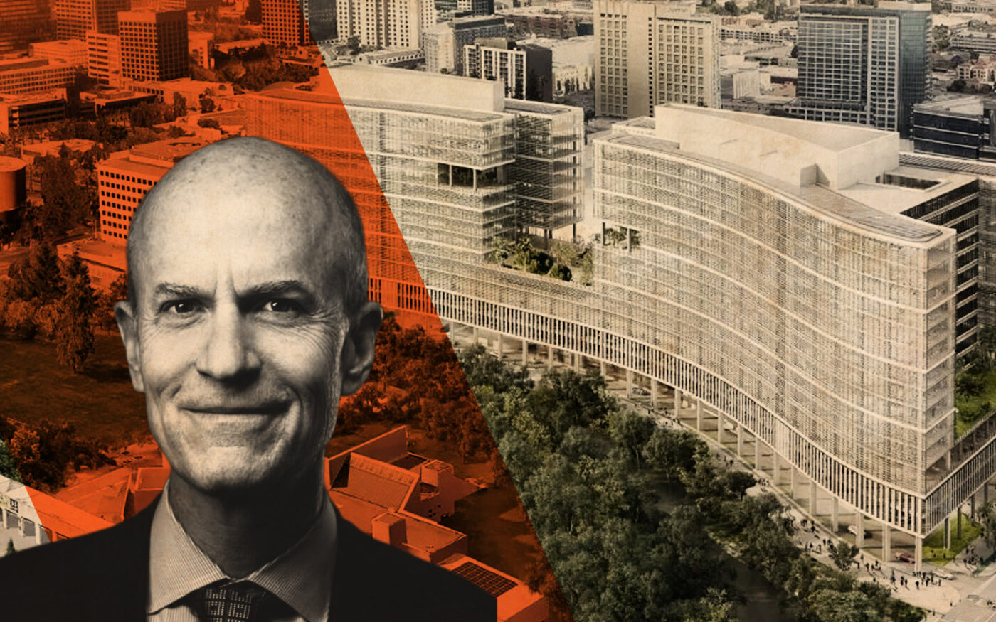 BXP's Owen Thomas and rendering of proposed tech campus in downtown San Jose (Getty, BXP, Kohn Pedersen Fox Associates)