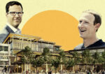 Meta's Mark Zuckerberg; Signature Development Group's Michael Ghielmetta; rendering of Willow Village offices overlooking Town Square (Peninsula Innovation Partners, Getty)