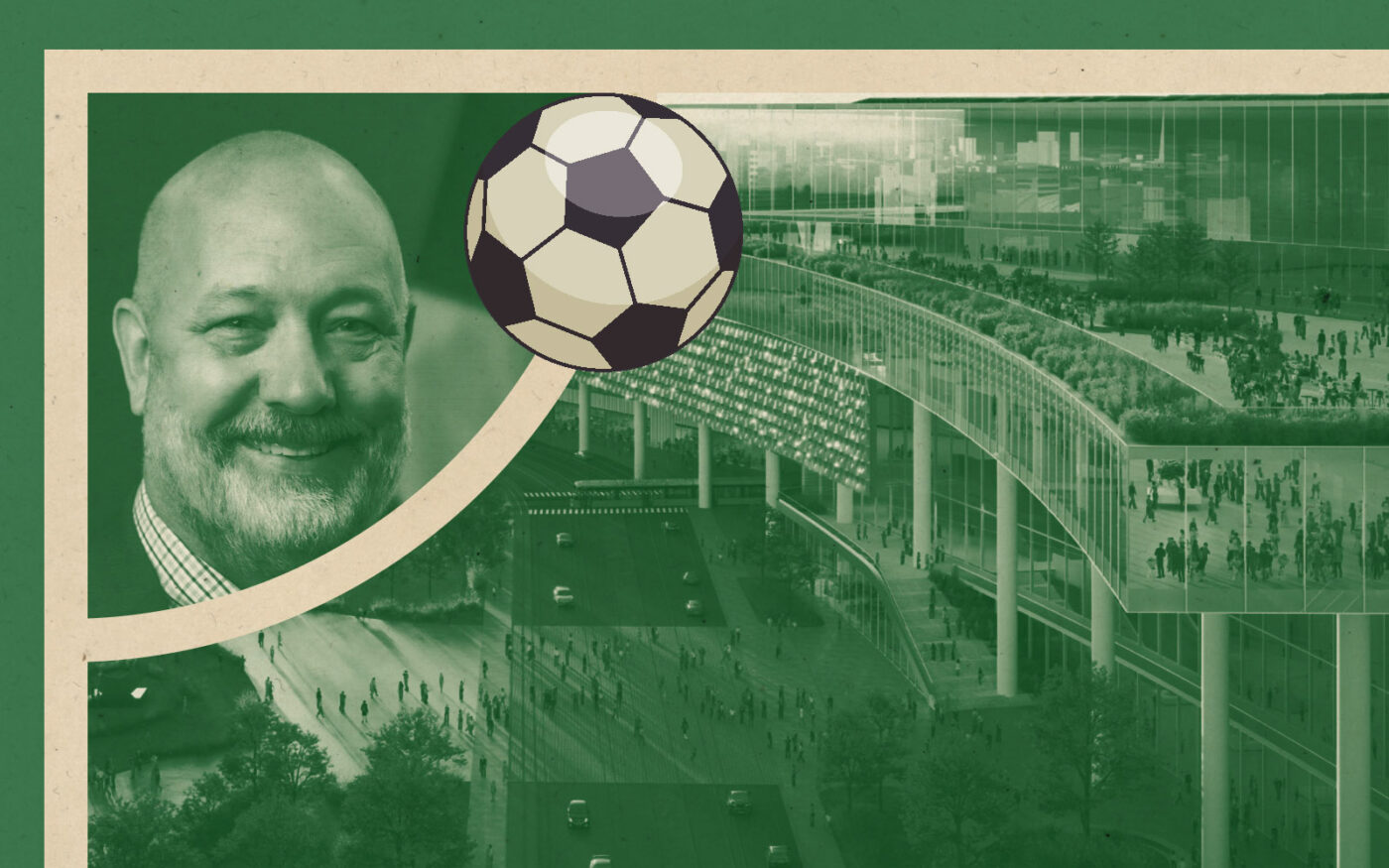 City of Dallas CFO Jack Ireland with rendering of Kay Bailey Hutchinson overhaul (Getty, City of Dallas, KBHCCD)