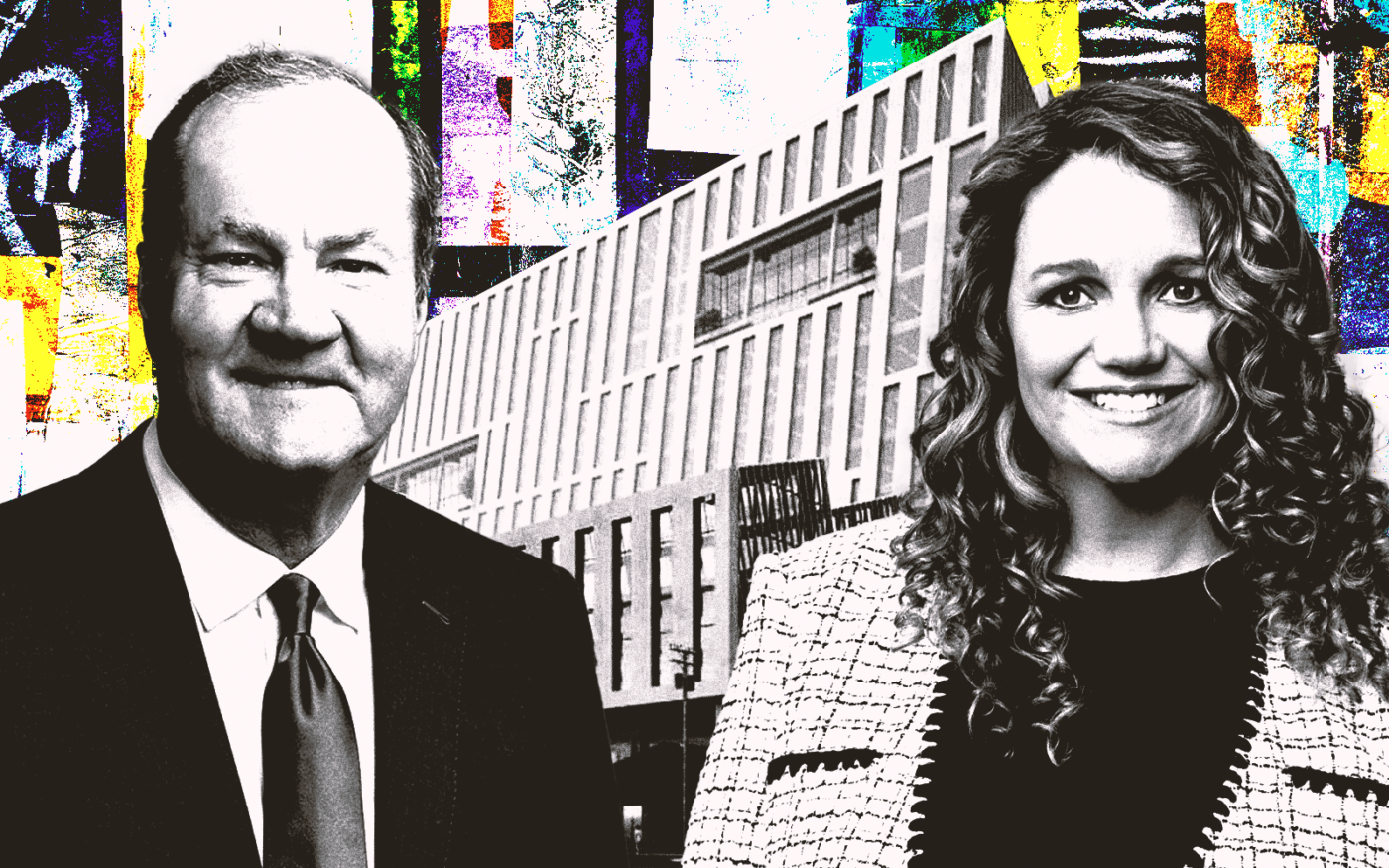 <p>A photo illustration of Hines co-CEOs Jeffrey Hines and Laura Hines-Pierce along with 2045 East Violet Street in Los Angeles (Getty, Rios, Hines)</p>