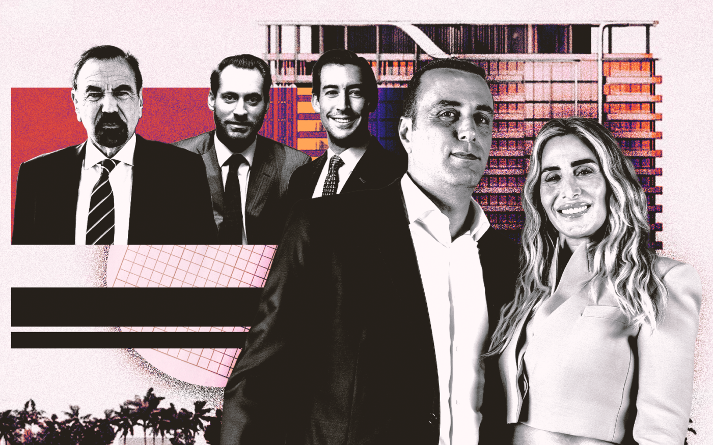 <p>A photo illustration of Related Group’s Jorge Pérez, Jon Paul and Nick Pérez; BH Group’s Isaac and Liat Toledano; a rendering of the planned Pompano Beach condo-hotel project at 1 North Ocean Boulevard (Getty, Related Group, BH Group, Nichols Architects)</p>